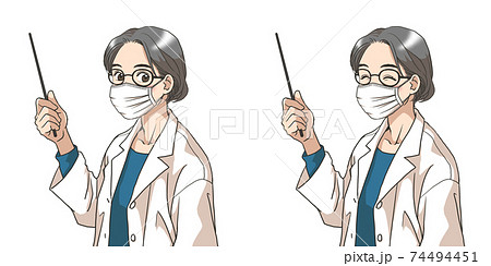 マスク姿で解説する白衣の年配の女性のイラスト素材