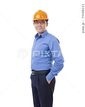 portrait of asian man with orange safety hat, isolated on white 74496231