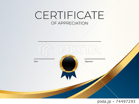 Blue and gold Certificate of achievement template set Background with gold badge and border. Award diploma design blank. Vector Illustration. EPS10 74497293
