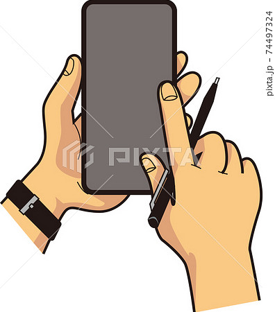 ペンを持ったままスマホ操作する男性の手元のイラスト素材