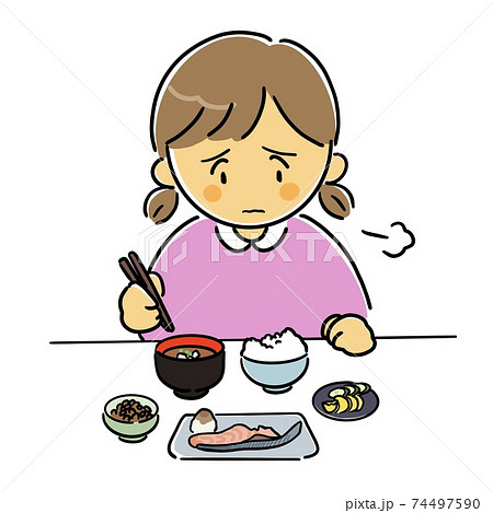 食欲が無くて朝ごはんを残してしまう女の子 74497590