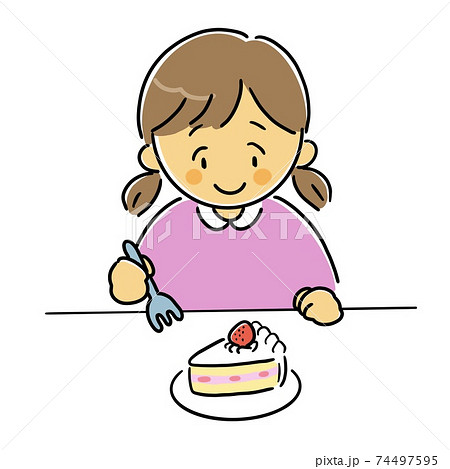 おやつのケーキにうれしそうな女の子のイラスト素材