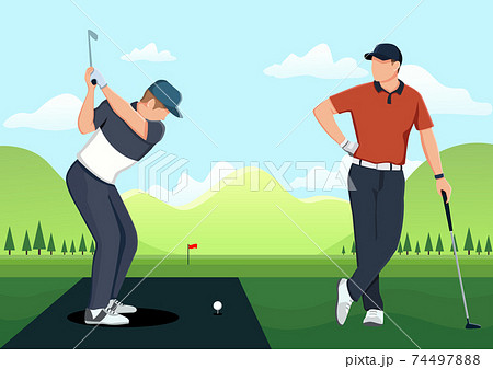 Young Man and Woman in Uniform Playing Golf on Course with Green Grass. Man Hitting Ball to Hole, Sport Game Tournament, Summer Spare Time. Flat Vector Illustration 74497888