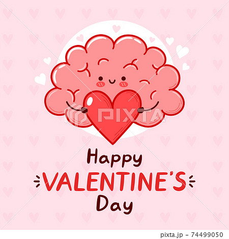 Cute funny brain organ present heart. Happy valentines day card. Vector flat line cartoon kawaii character illustration icon. Valentines day concept 74499050