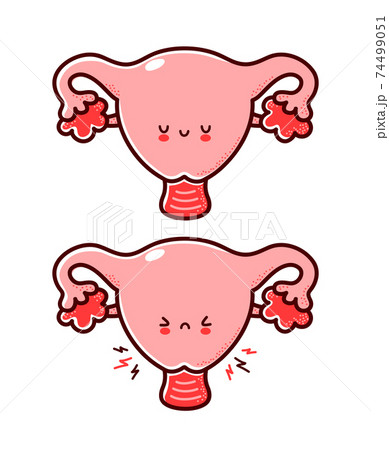 Cute healthy and sick sad funny human uterus organ character. Vector flat line cartoon kawaii character illustration icon. Isolated on white background. Uterus with face character mascot concept Cute healthy and sick sad funny human uterus organ character. Vector flat line cartoon kawaii character illustration icon. Isolated on white background. Uterus with face character mascot concept 74499051