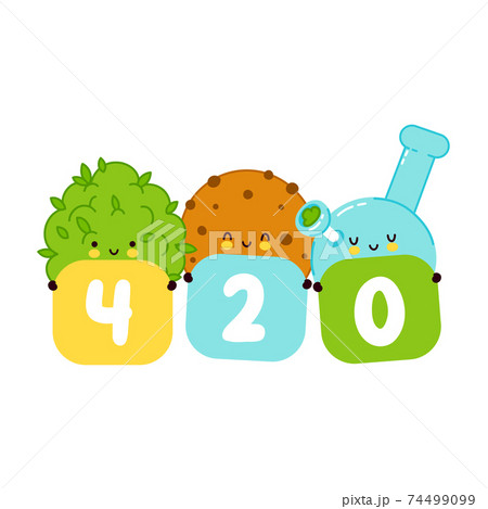 Cute smiling happy cookie,weed bud and bong. 420 card,poster. Vector flat cartoon character illustration.Isolated on white background. Weed smoke concept 74499099