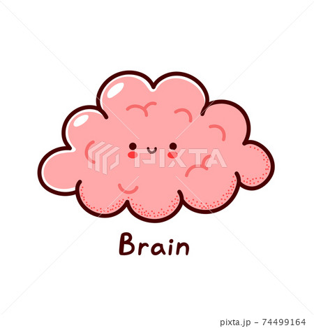 Cute happy funny human brain organ character. Vector flat line cartoon kawaii character illustration icon. Isolated on white background. Brain with face character mascot concept 74499164
