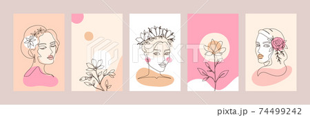 Line art woman face. Hand drawn female portraits. Abstract shapes and ladies with floral decorations in hair. Contemporary sketches of trendy girls. Colorful avatar mockups, vector set Line art woman face. Hand drawn female portraits. Abstract shapes and ladies with floral decorations in hair. Contemporary sketches of trendy girls. Colorful avatar mockups, vector set 74499242