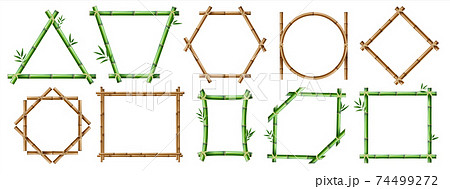 Bamboo frame. Realistic wooden borders with copy space, rustic geometric constructions. Green and brown segmented trunks tied with rope. Vector natural organic building materials set Bamboo frame. Realistic wooden borders with copy space, rustic geometric constructions. Green and brown segmented trunks tied with rope. Vector natural organic building materials set 74499272