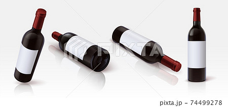 Realistic bottles. 3D mockups of containers for alcoholic beverages, standing and lying glass bottles of red wine from different viewing angles. Product advertising template. Vector set 74499278