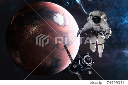 Mars. Astronaut, space station on background of inhabited red planet. Solar system. 3D render Mars. Astronaut, space station on background of inhabited red planet. Solar system. 3D render 74499331