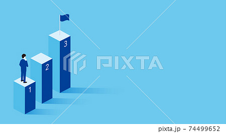 3ステップのビジネスイメージ、三つのステップとビジネスパーソン、3Dイラスト、コピースペース 74499652