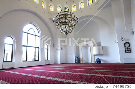 View of hall for praying (iwan) of the Ar-Rahma Mosque (Mercy Mosque) with minbar (pulpit) View of hall for praying (iwan) of the Ar-Rahma Mosque (Mercy Mosque) with minbar (pulpit) 74499756