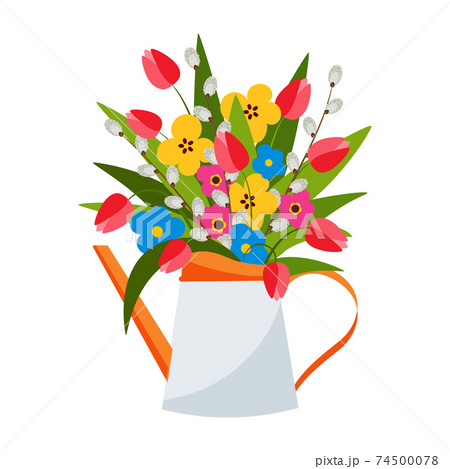 Colorful bouquet of spring flowers, tulips, pussy willow in pot. Vector illustration. 74500078