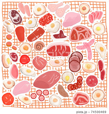 生肉と卵とチェック柄の背景イラスト 74500469