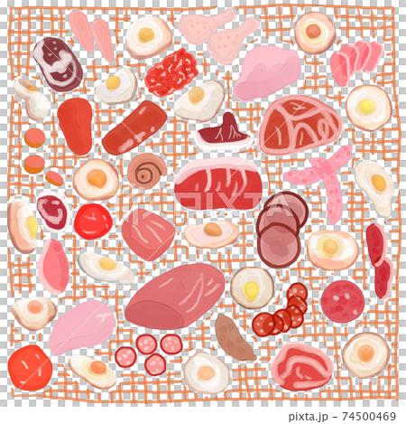 生肉と卵とチェック柄の背景イラスト 74500469