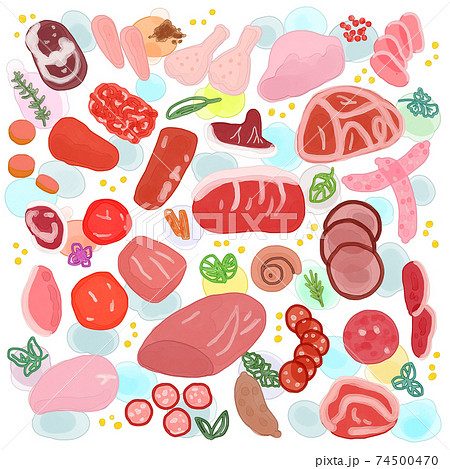 生肉と香草と水玉の背景イラスト 生肉と香草と水玉の背景イラスト 74500470