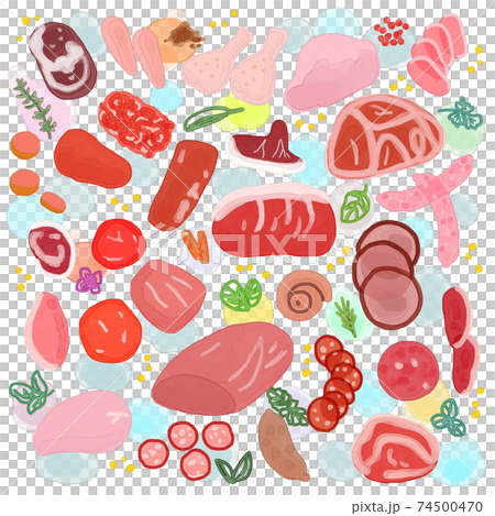 生肉と香草と水玉の背景イラスト 生肉と香草と水玉の背景イラスト 74500470
