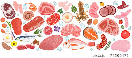 肉と卵と魚と香草の背景イラスト 74500472