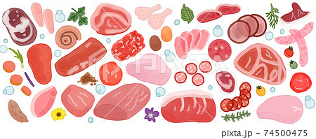 色々な種類の生肉と香草の背景イラストのイラスト素材