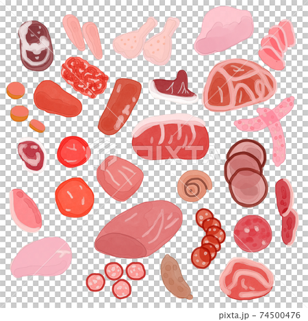 Seamless Pattern with raw pork meat slices on white background