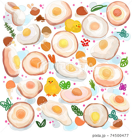 ヒヨコと卵と香草 アブストラクト背景イラストのイラスト素材