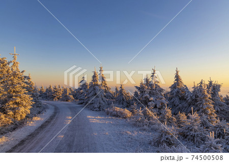 Sunrise in winter landscape near Velka Destna, Orlicke mountains, Eastern Bohemia, Czech Republic Sunrise in winter landscape near Velka Destna, Orlicke mountains, Eastern Bohemia, Czech Republic 74500508
