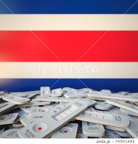 Coronavirus rapid antigen tests and flag of Costa rica. Pandemic concept 3D rendering 74501493