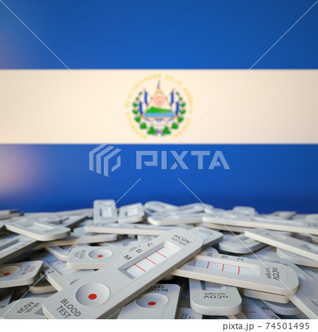National flag of El Salvador and multiple coronavirus antigen tests, public health conceptual 3D rendering 74501495