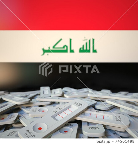 National flag of Iraq and multiple coronavirus antigen tests, public health conceptual 3D rendering 74501499