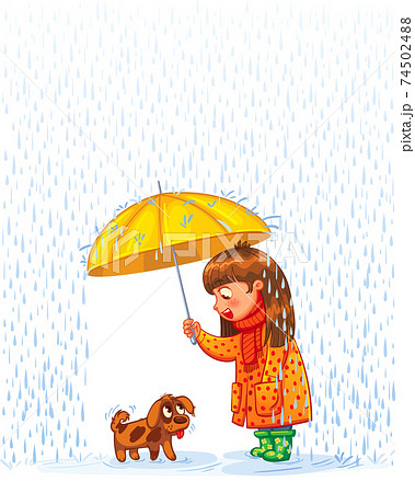 Protect pet from autumn rain. Girl under an umbrella with a small homeless puppy Protect pet from autumn rain. Girl under an umbrella with a small homeless puppy 74502488