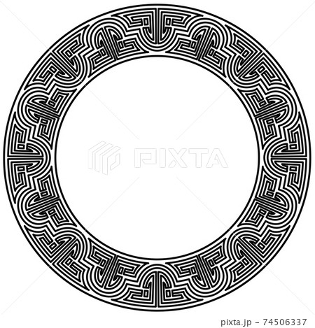 Meander Pattern on Circle Frame. Geometric round ornament. Meandros decorative disconnected border from lines, shaped into repeated motif. Greek fret or key Isolated on white 74506337