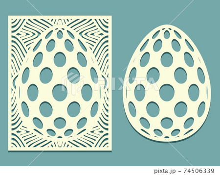 Set of Tracery Eggs with polka dot pattern. Laser cutting oval and rectangle card template. Happy Easter egg with floral pattern. Silhouette of elements. 74506339