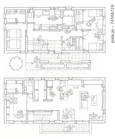 在宅ワークスペースがある二階リビングの間取り 白黒 のイラスト素材