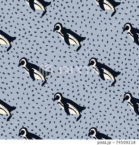 Wild nature seamless pattern with hand drawn penguin ornament. Light blue dotted background. Wild nature seamless pattern with hand drawn penguin ornament. Light blue dotted background. 74509218
