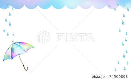 雨 梅雨 傘 背景 フレーム 水彩 イラスト 横長のイラスト素材