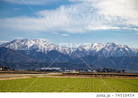 早春の福井平野、残雪の山々を背に走るえちぜん鉄道の電車 早春の福井平野、残雪の山々を背に走るえちぜん鉄道の電車 74510454