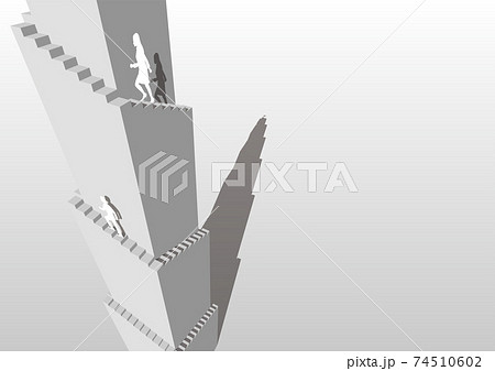 目標に向かって塔の階段をのぼる女男bモノトーン ベクターイラスト横のイラスト素材