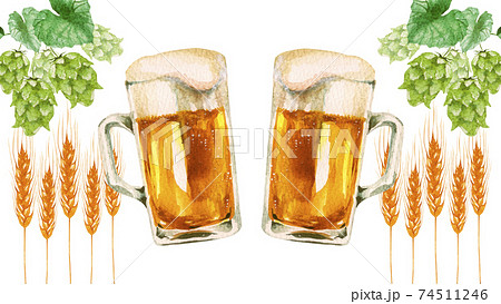 ビール 乾杯 ジョッキ 水彩 イラスト 横長のイラスト素材