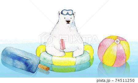 白クマ 浮き輪 海 水彩 イラスト 横長のイラスト素材