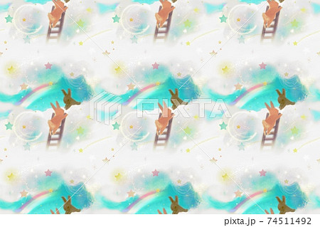 虹がかかるカラフルな雲に梯子を登って再会したうさぎさんのイラスト 虹がかかるカラフルな雲に梯子を登って再会したうさぎさんのイラスト 74511492