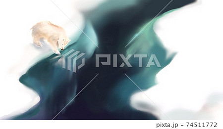 氷河の割れ目の奥深い海の底を見つめる子供のしろくまのイラストのイラスト素材