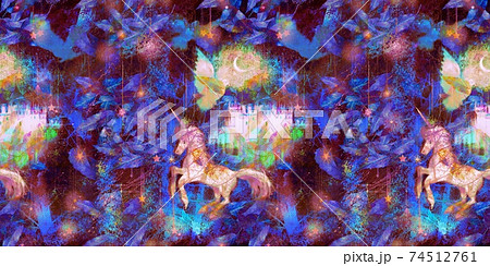 落ち葉が舞う森の中に見つけたユニコーンと鳩と中世のお城のパターンイラスト 落ち葉が舞う森の中に見つけたユニコーンと鳩と中世のお城のパターンイラスト 74512761