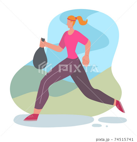 Plogging. Environmental movement. Healthy lifestyle. Woman jogging with a garbage bag in park. Physical activity and care for the environment. 74515741
