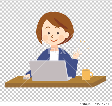 ノートパソコンの前で笑顔でOKサインをする女性 ノートパソコンの前で笑顔でOKサインをする女性 74515764