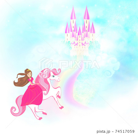 Lovely princess on a unicorn flying on a rainbow 74517059