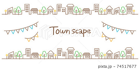 線画のおしゃれな町並みとガーランドのイラスト素材
