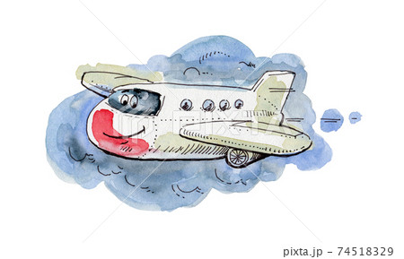 Happy airplane flying in the clouds. Watercolour illustration 74518329