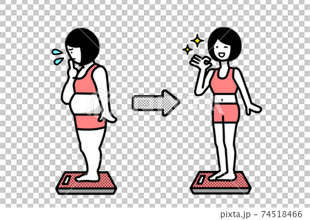 体重計に乗っているダイエットに成功した女性のビフォーアフターイラストのイラスト素材