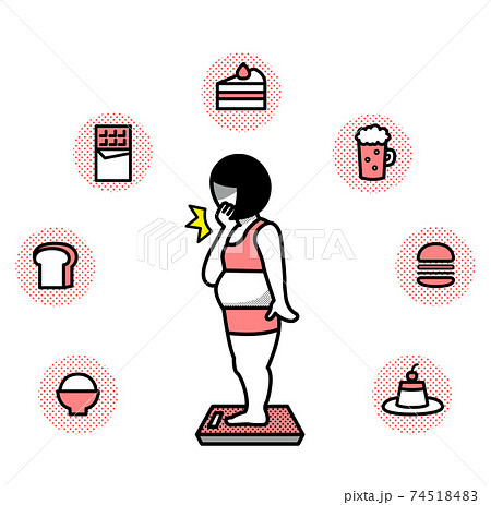 体重計に乗っている太ってしまった女性のイラストのイラスト素材